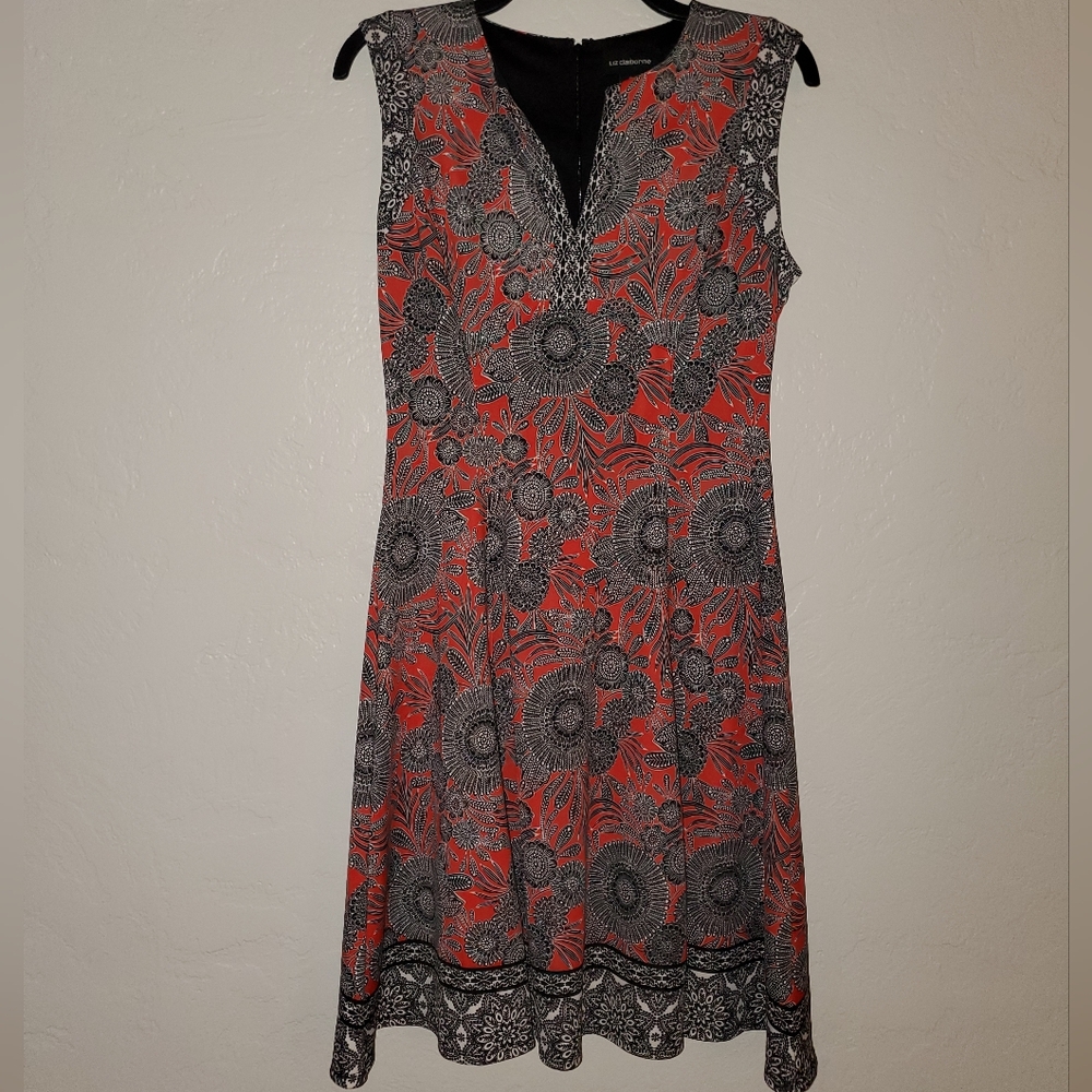 LIZ CLAIBORNE RED BLACK WHITE ABSTRACT FLORAL SLEEVELESS MIDI DRESS 6